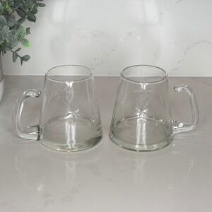 Vintage Etched Starburst Glass Mugs Set of 2 Clear Thumb Rest Handle